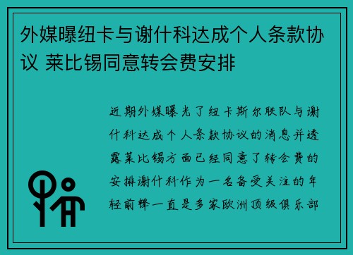 外媒曝纽卡与谢什科达成个人条款协议 莱比锡同意转会费安排